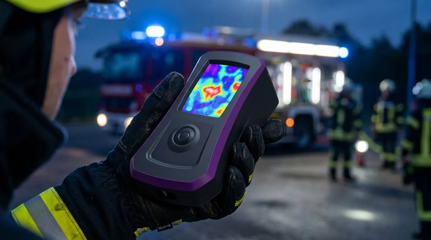 FireDrone Handheld in der Hand eines Feuerwehrmanns vor einem Einsatzfahrzeug