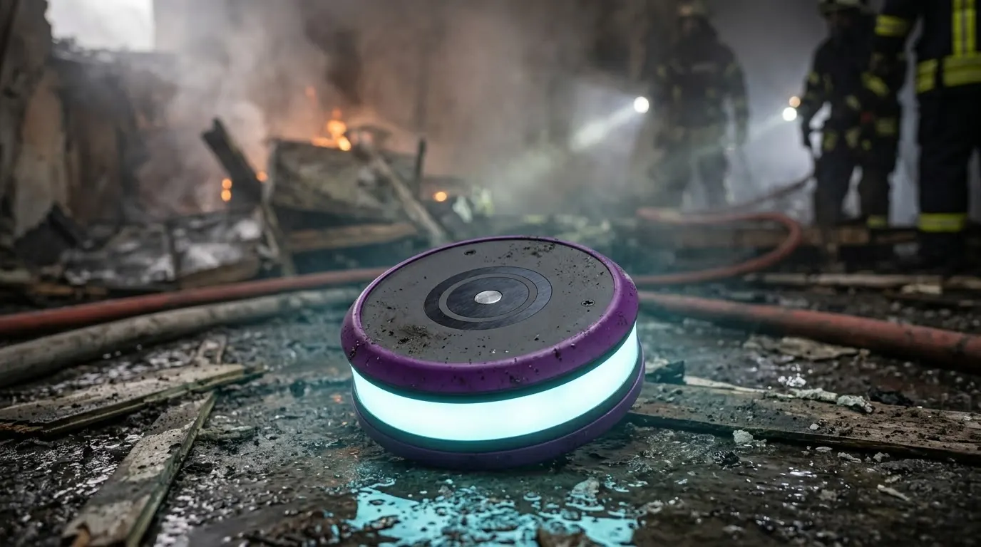 FireDrone Repeater mit leuchtendem Ring im Brandschutt als Funk-Relais