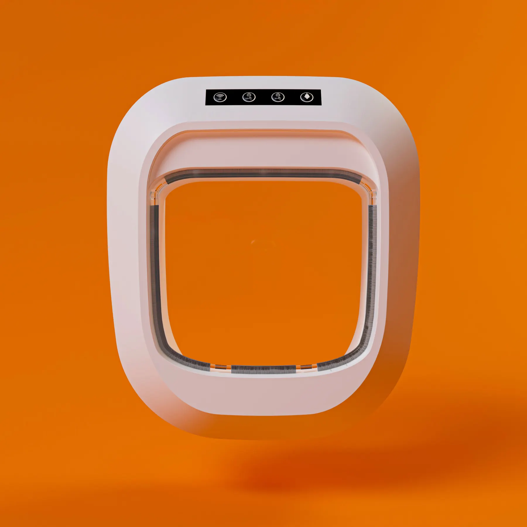 Flappie Katzenklappe auf orangem Hintergrund – fotorealistisches 3D-Rendering