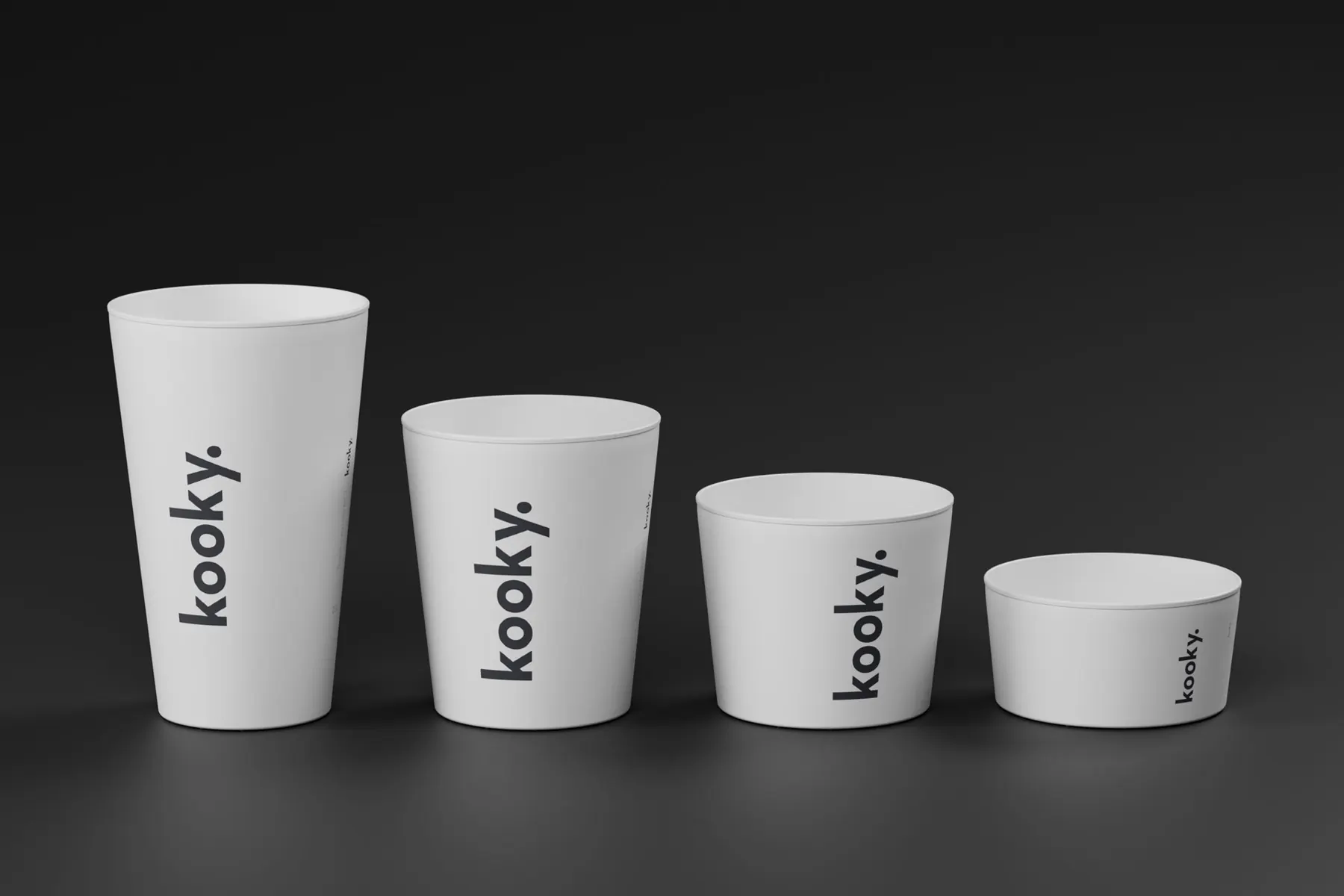 kooky Becher in vier Grössen nebeneinander – stapelbare Produktfamilie