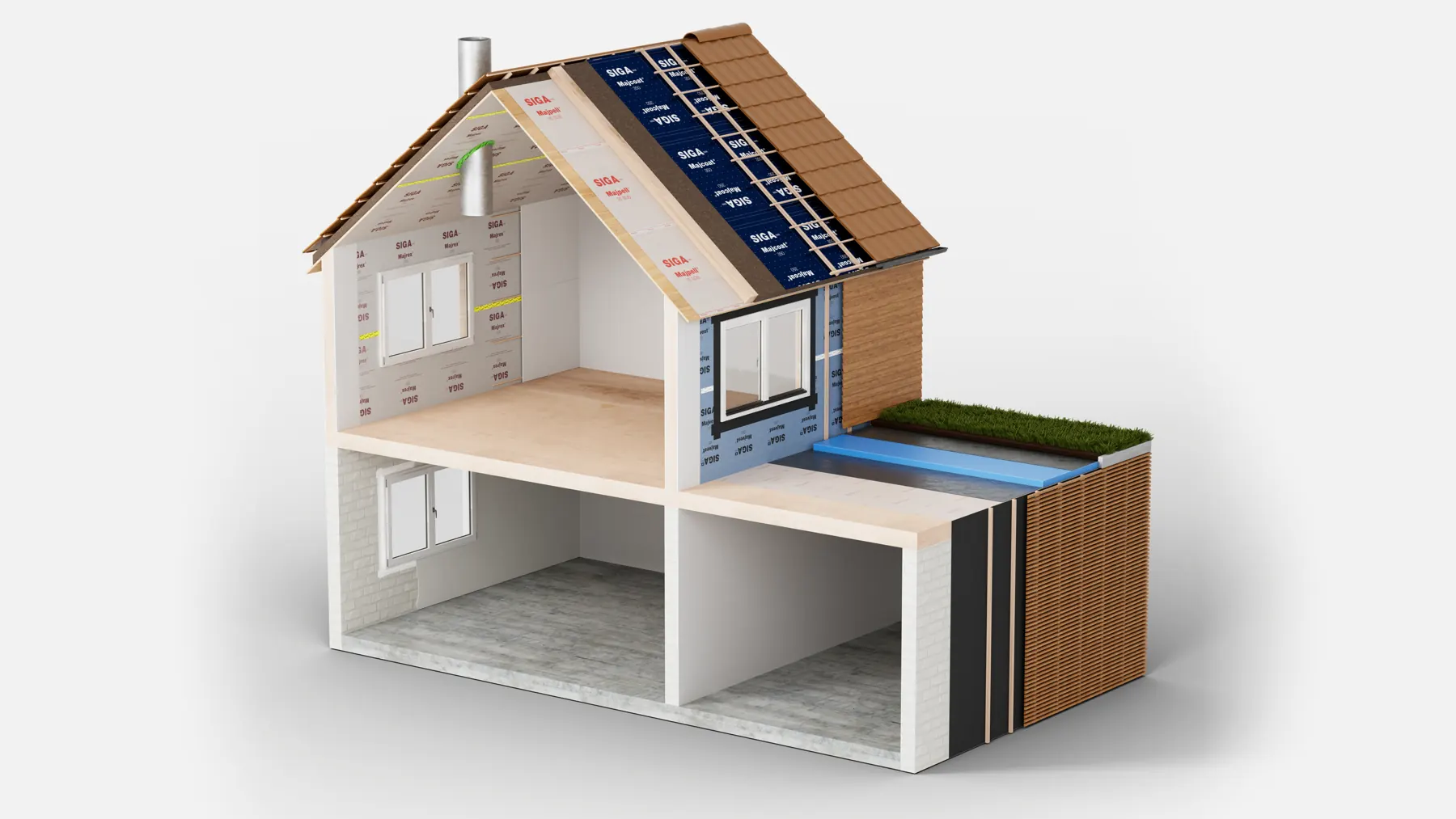 Aufgeschnittenes 3D-Haus mit SIGA-Produkten an Dach, Wand und Boden – fotorealistische 3D-Visualisierung