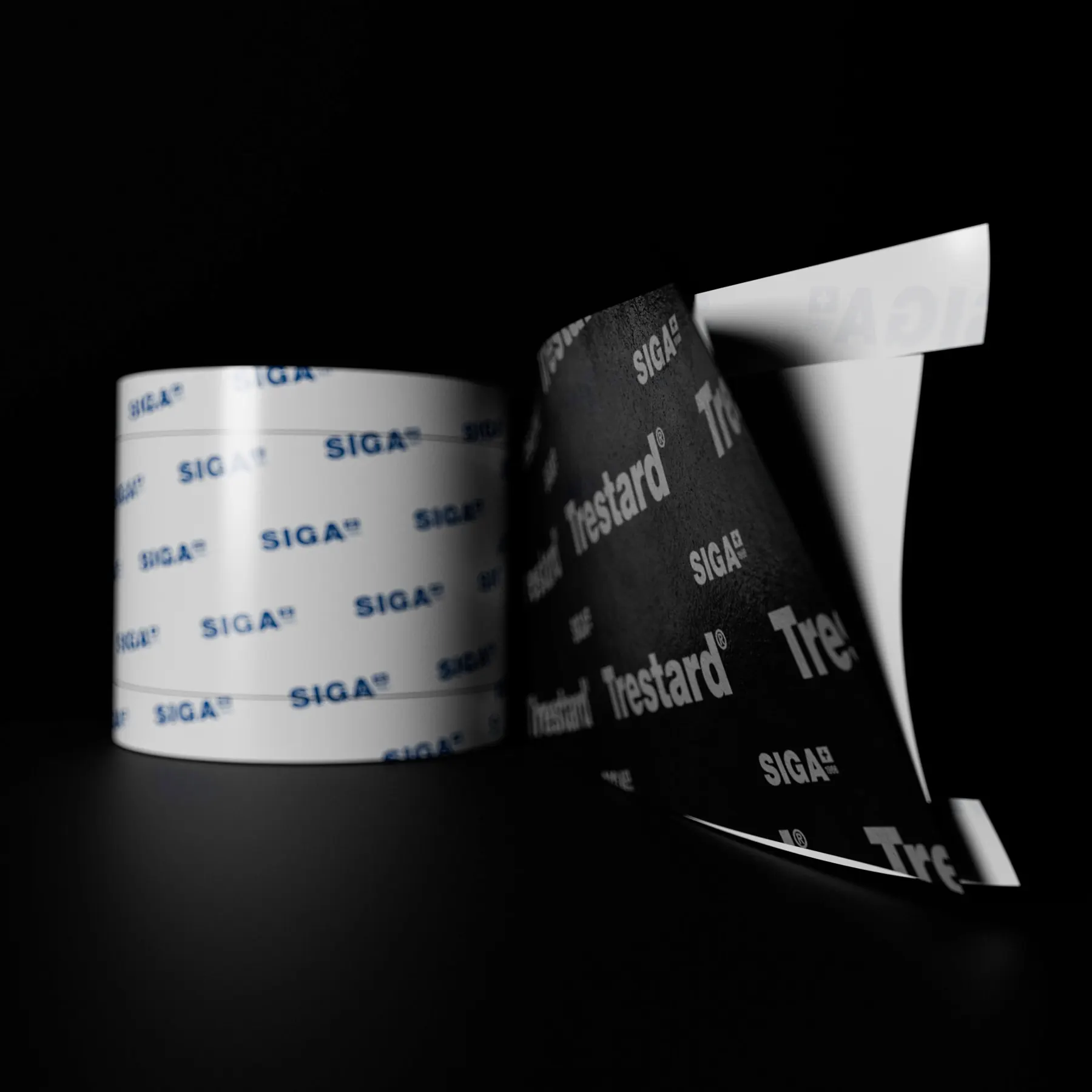 SIGA Klebebandrolle Trestard auf schwarzem Hintergrund – fotorealistisches 3D-Rendering